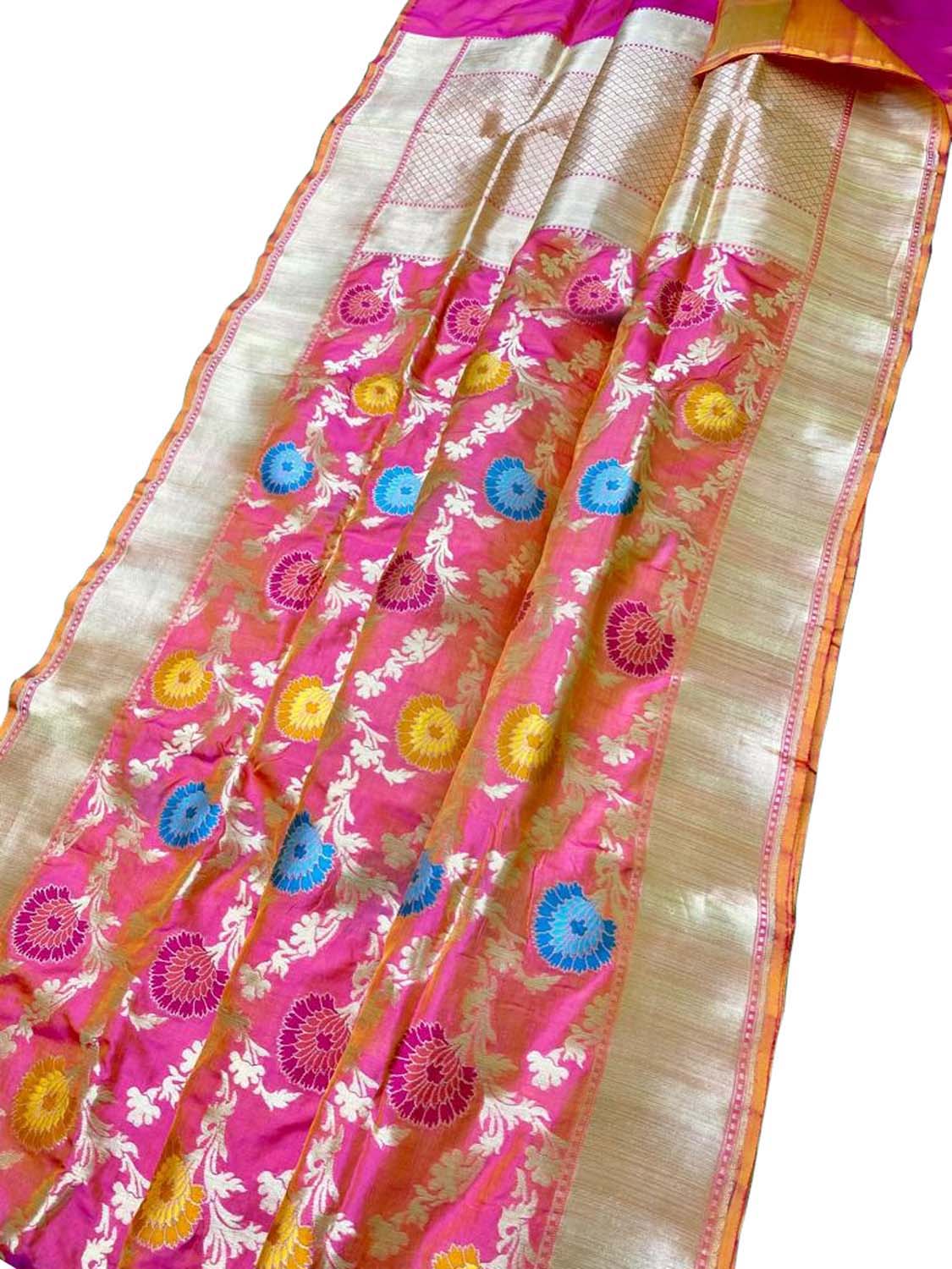 Pink Banarasi Handloom Pure Katan Silk Meenakari Saree - Luxurion World