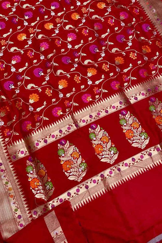 Red Banarasi Handloom Pure Katan Silk Meenakari Saree - Luxurion World