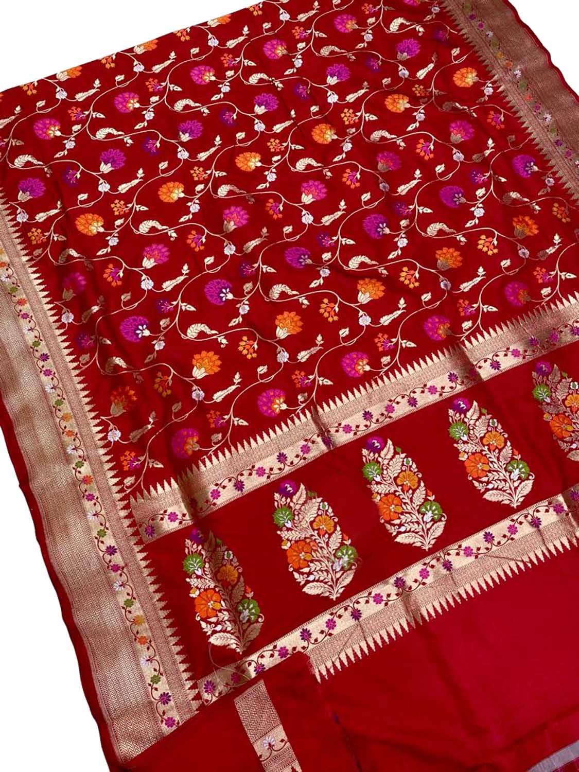 Red Banarasi Handloom Pure Katan Silk Meenakari Saree - Luxurion World