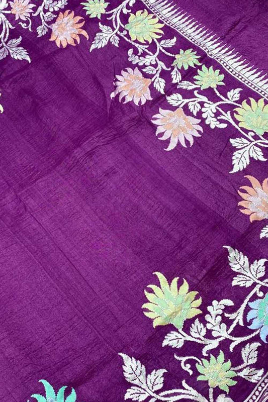 Purple Handloom Banarasi Pure Tussar Georgette Meenakari Saree - Luxurion World