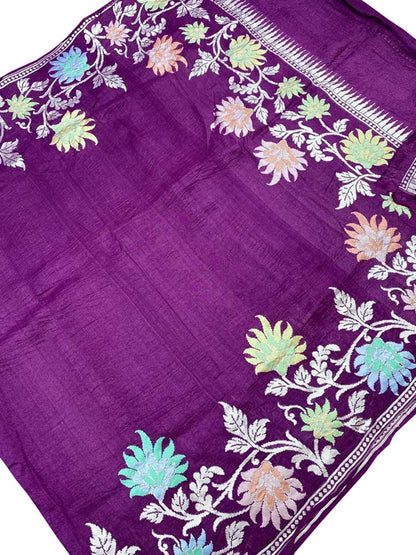 Purple Handloom Banarasi Pure Tussar Georgette Meenakari Saree - Luxurion World
