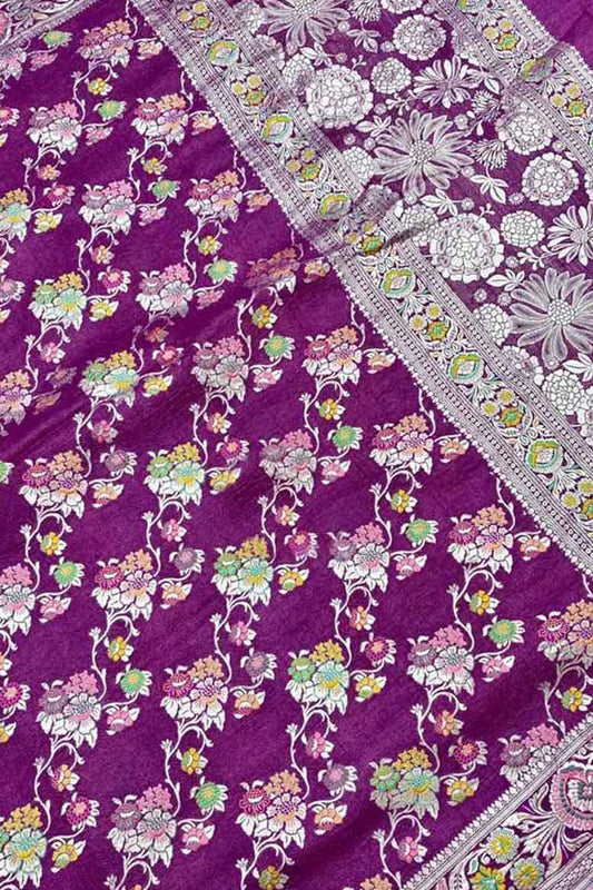 Purple Handloom Banarasi Pure Tussar Georgette Meenakari Saree - Luxurion World