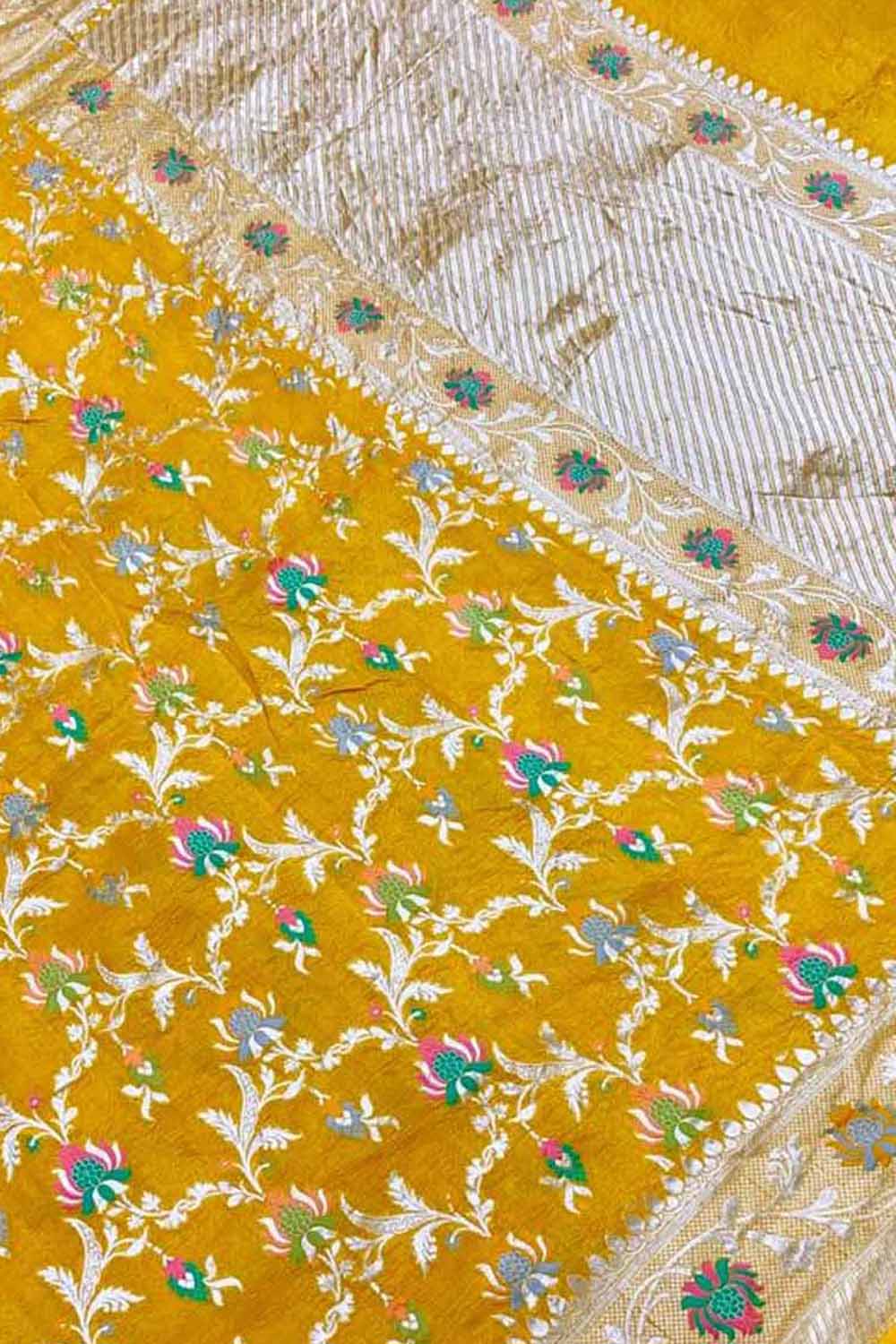 Yellow Handloom Banarasi Pure Tussar Georgette Meenakari Saree - Luxurion World