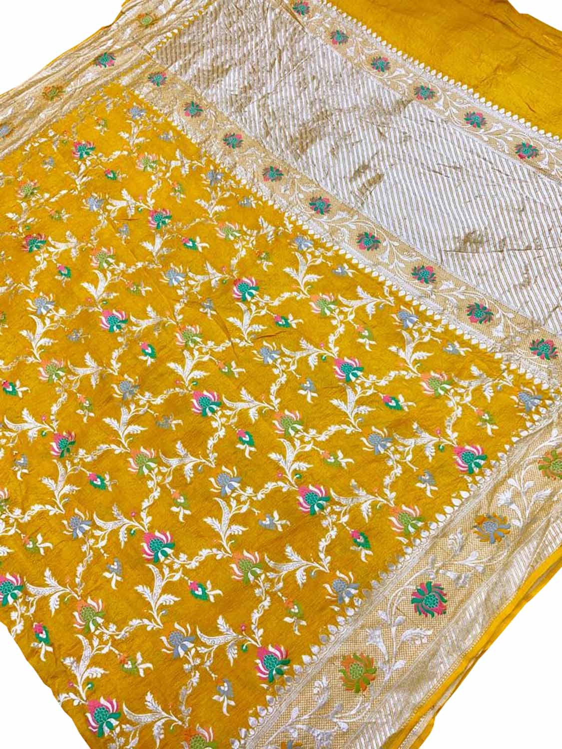 Yellow Handloom Banarasi Pure Tussar Georgette Meenakari Saree - Luxurion World