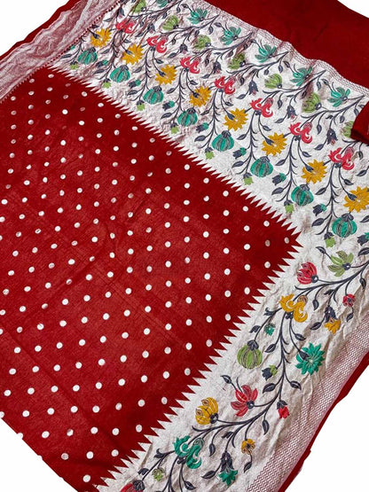 Red Handloom Banarasi Pure Tussar Georgette Meenakari Saree - Luxurion World