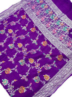 Purple Handloom Banarasi Pure Tussar Georgette Meenakari Saree - Luxurion World