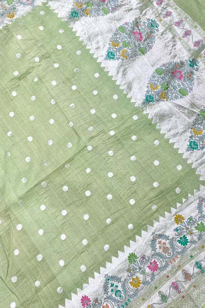 Green Handloom Banarasi Pure Tussar Georgette Meenakari Saree - Luxurion World