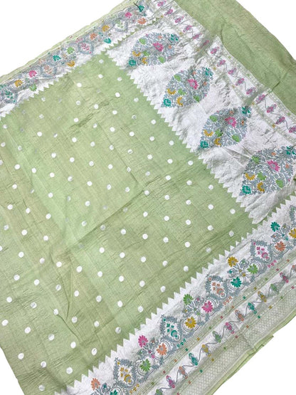 Green Handloom Banarasi Pure Tussar Georgette Meenakari Saree - Luxurion World