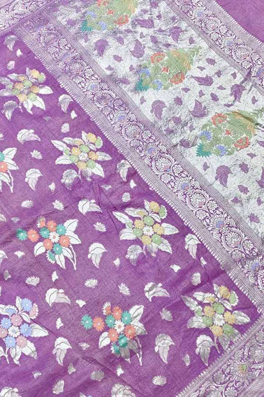 Purple Handloom Banarasi Pure Tussar Georgette Meenakari Saree - Luxurion World