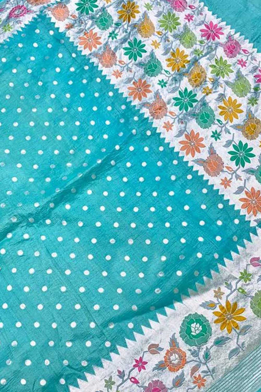 Blue Handloom Banarasi Pure Tussar Georgette Meenakari Saree - Luxurion World