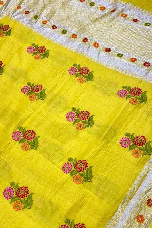 Yellow Handloom Banarasi Pure Tussar Georgette Meenakari Saree - Luxurion World