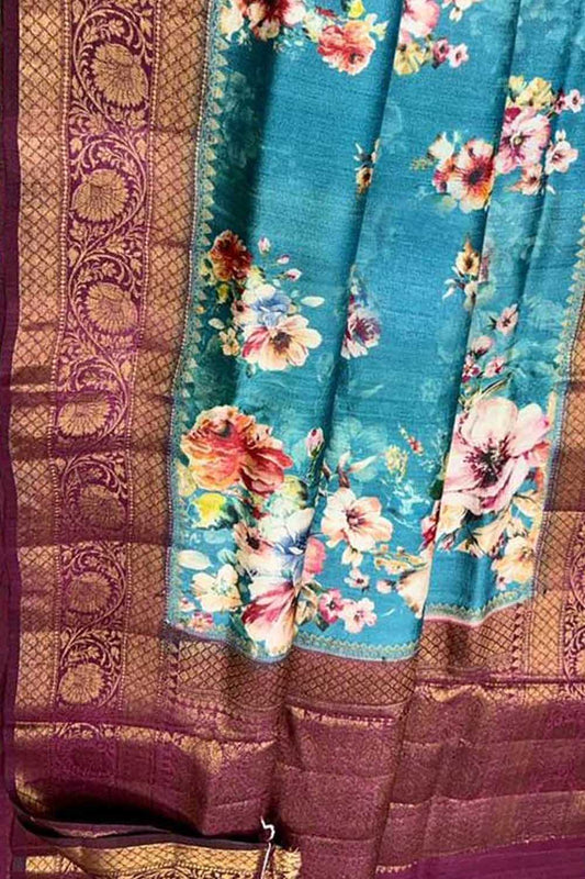 Blue Handloom Banarasi Pure Tussar Silk Digital Printed Saree - Luxurion World