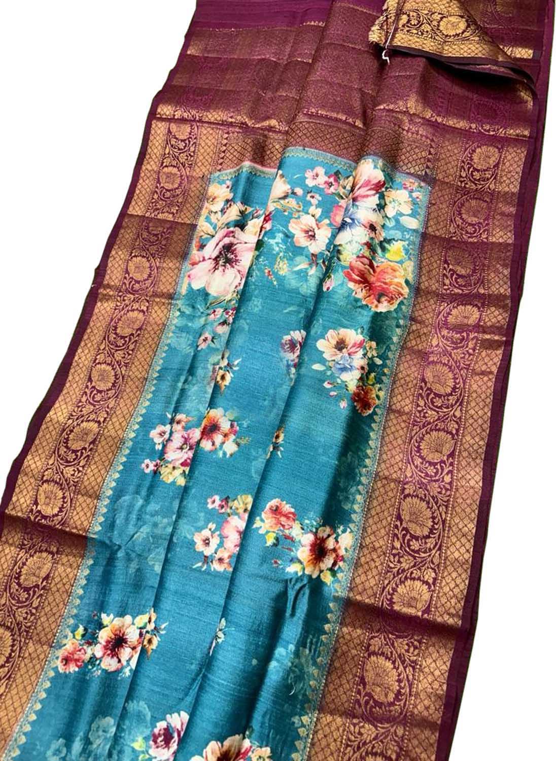 Blue Handloom Banarasi Pure Tussar Silk Digital Printed Saree - Luxurion World