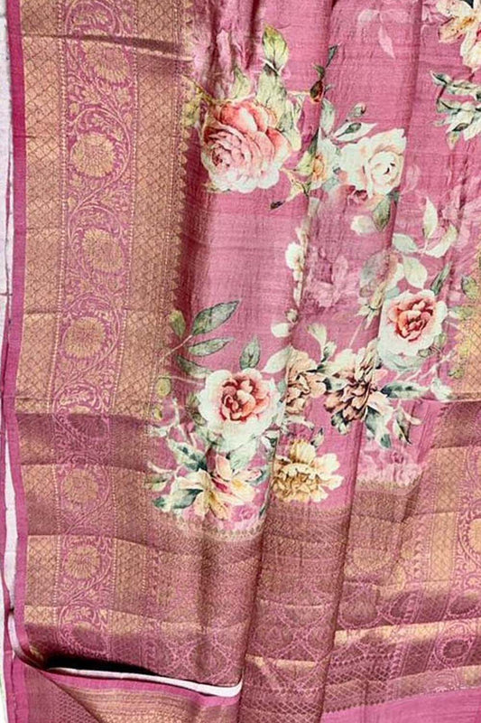 Pink Handloom Banarasi Pure Tussar Silk Digital Printed Saree