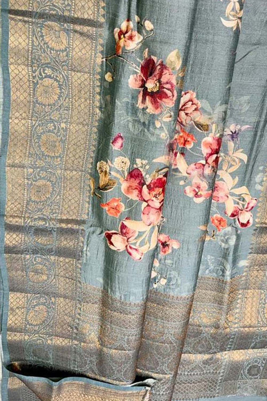Grey Handloom Banarasi Pure Tussar Silk Digital Printed Saree - Luxurion World