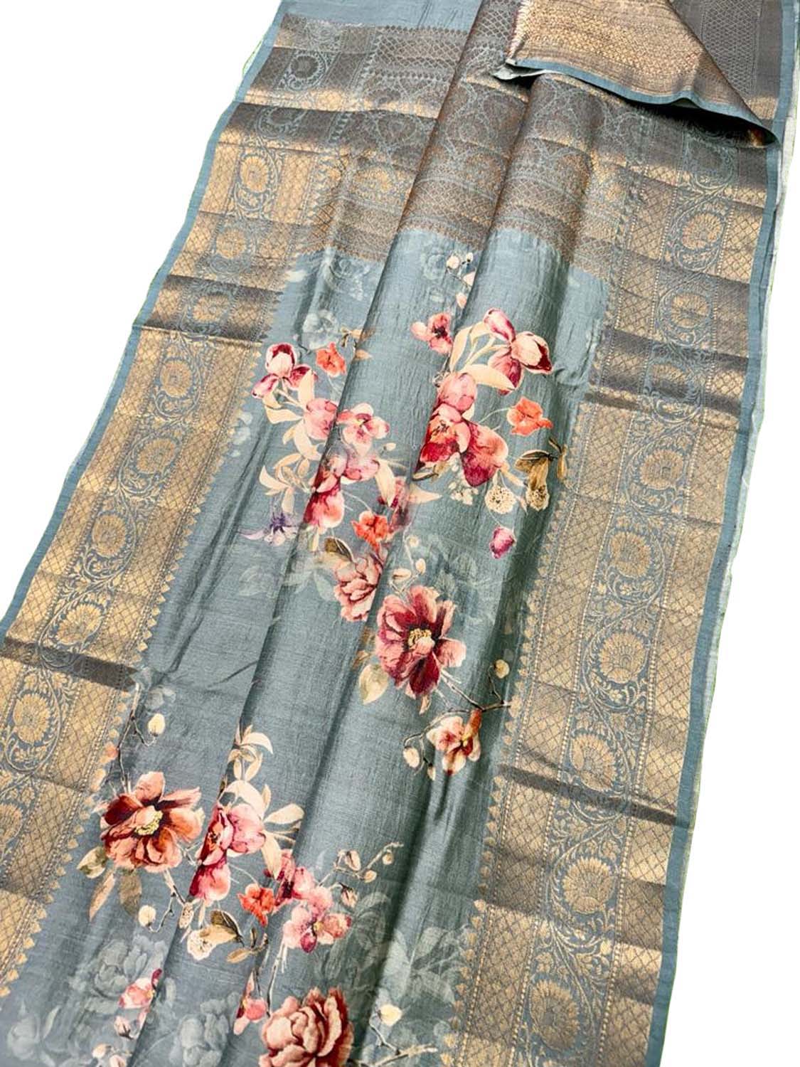 Grey Handloom Banarasi Pure Tussar Silk Digital Printed Saree - Luxurion World