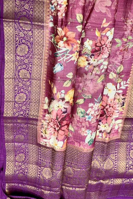 Pink Handloom Banarasi Pure Tussar Silk Digital Printed Saree