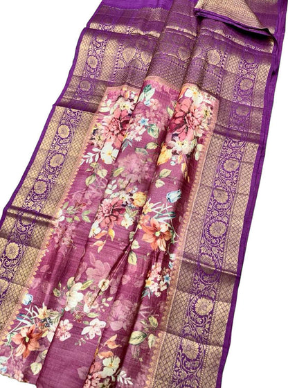 Pink Handloom Banarasi Pure Tussar Silk Digital Printed Saree - Luxurion World