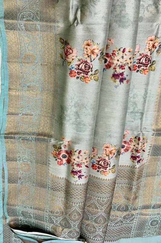 Grey Handloom Banarasi Pure Tussar Silk Digital Printed Saree - Luxurion World