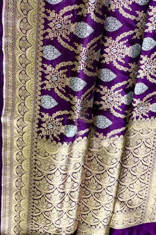 Purple Banarasi Handloom Pure Katan Silk Sona Roopa Saree - Luxurion World