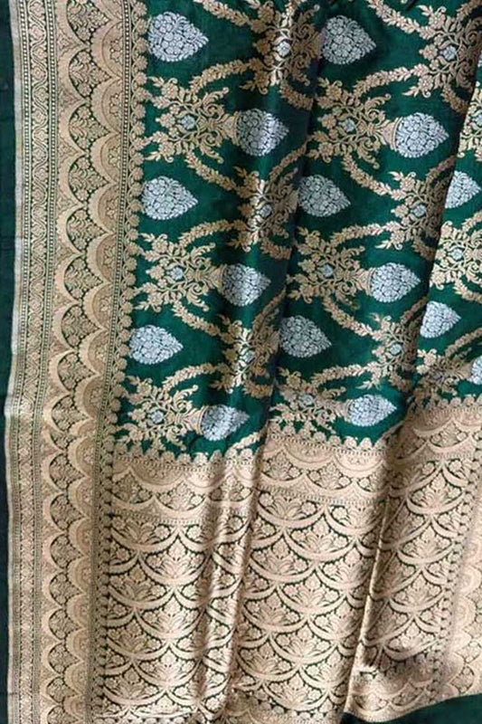 Green Banarasi Handloom Pure Katan Silk Sona Roopa Saree - Luxurion World
