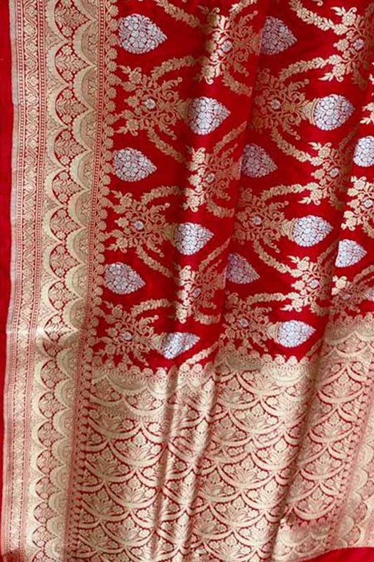 Red Banarasi Handloom Pure Katan Silk Sona Roopa Saree - Luxurion World