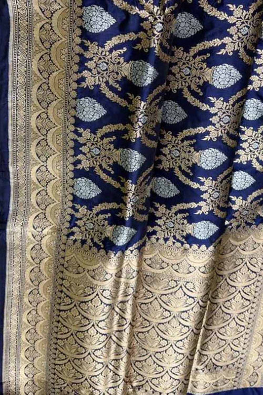 Blue Banarasi Handloom Pure Katan Silk Sona Roopa Saree - Luxurion World