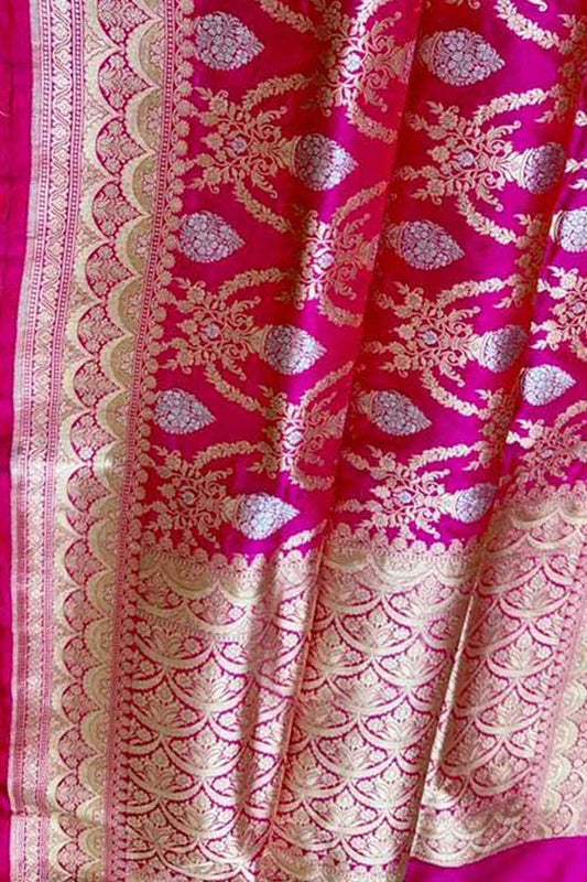 Pink Banarasi Handloom Pure Katan Silk Sona Roopa Saree - Luxurion World