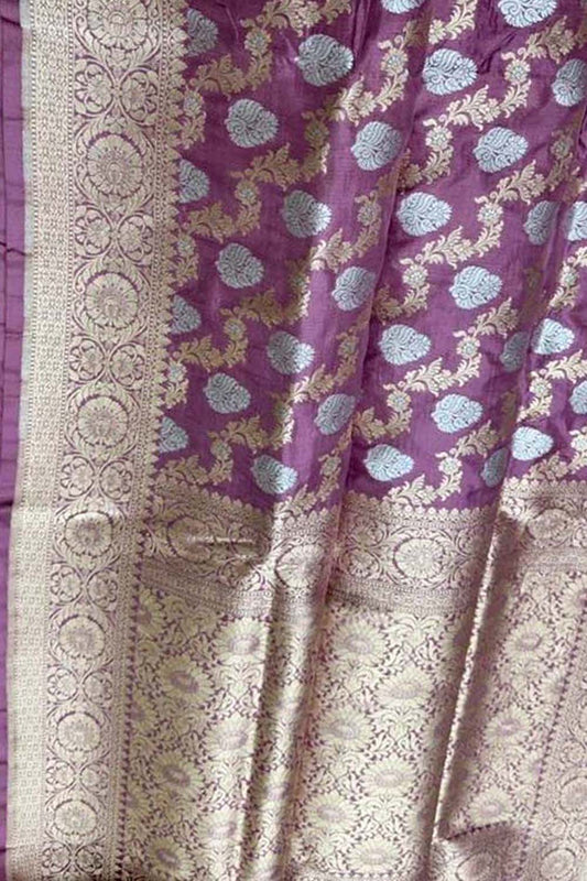 Purple Banarasi Handloom Pure Katan Silk Sona Roopa Saree - Luxurion World