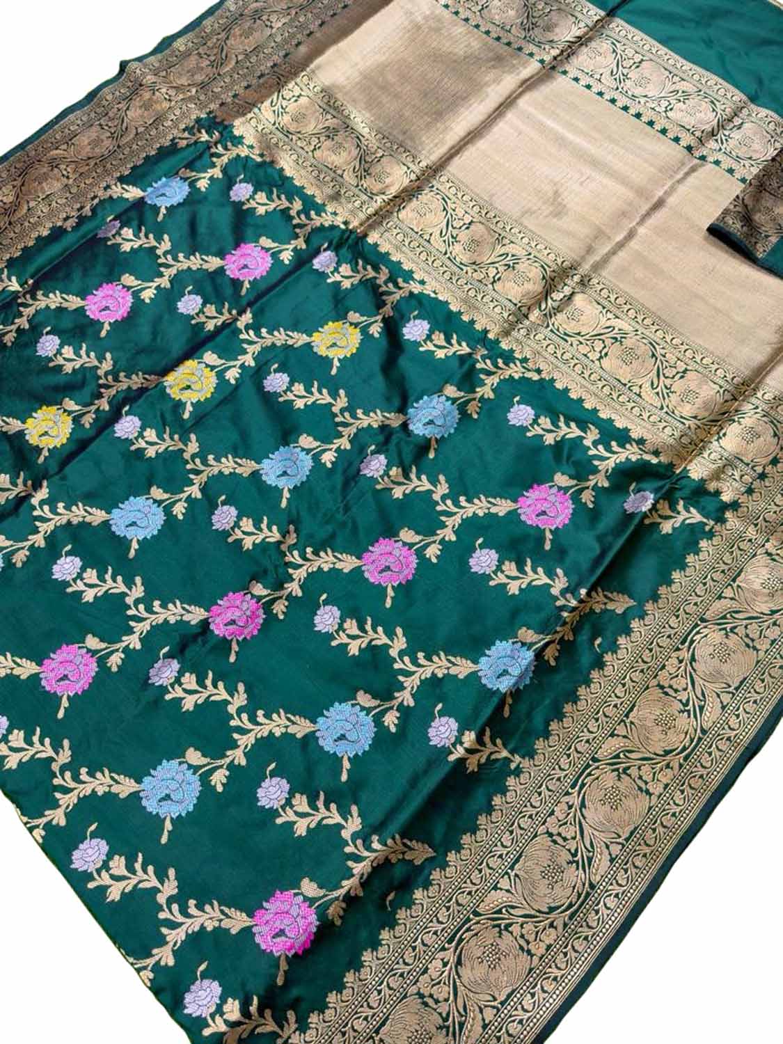 Elegant Green Banarasi Handloom Pure Katan Silk Kadwa Meenakari Saree - Luxurion World