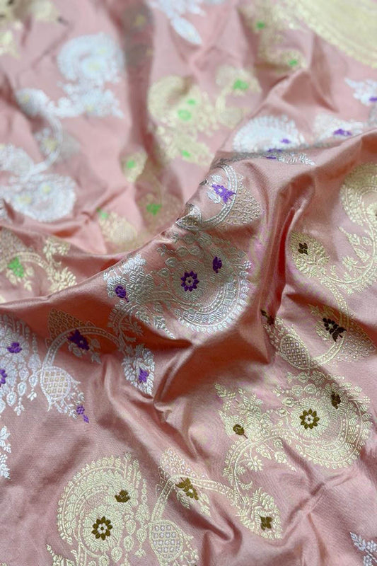 Elegant Pink Banarasi Handloom Pure Katan Silk Kadwa Meenakari Saree - Luxurion World