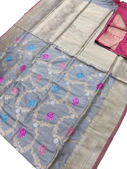 Elegant Grey Banarasi Handloom Pure Katan Silk Kadwa Meenakari Saree - Luxurion World