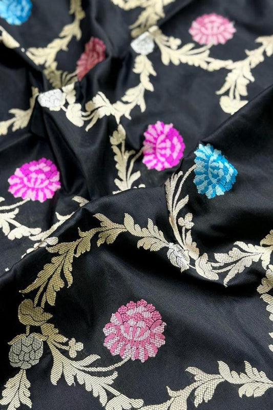 Elegant Black Banarasi Handloom Pure Katan Silk Kadwa Meenakari Saree - Luxurion World