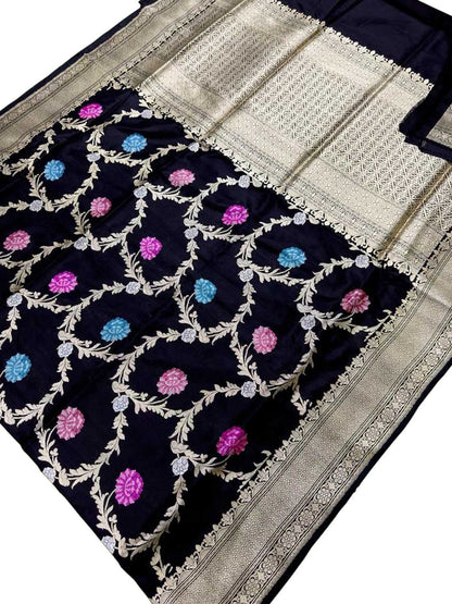 Elegant Black Banarasi Handloom Pure Katan Silk Kadwa Meenakari Saree - Luxurion World
