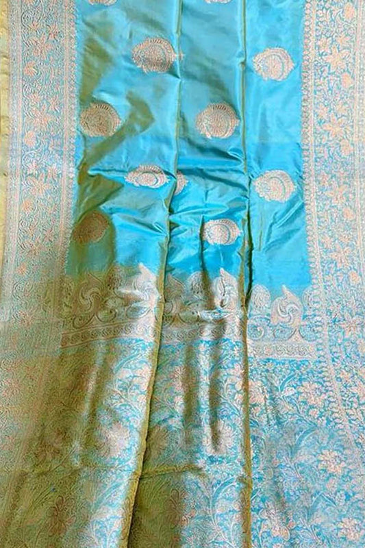 Elegant Blue Banarasi Handloom Pure Katan Silk Saree - Luxurion World