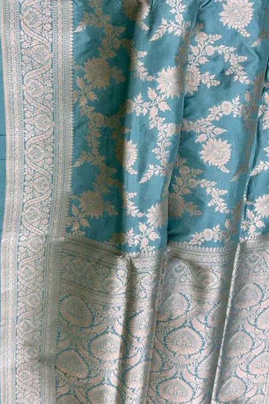 Elegant Blue Banarasi Handloom Pure Katan Silk Saree - Luxurion World