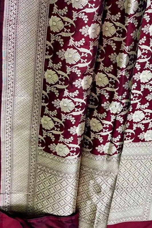 Elegant Maroon Banarasi Handloom Pure Katan Silk Saree - Luxurion World