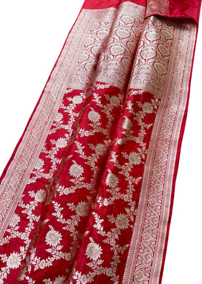 Elegant Red Banarasi Handloom Pure Katan Silk Saree - Luxurion World