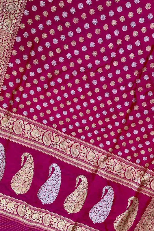 Elegant Pink Handloom Banarasi Silk Saree with Booti Design - Luxurion World