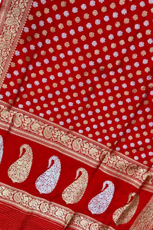 Exquisite Red Handloom Banarasi Silk Saree with Sona Roopa Booti - Luxurion World