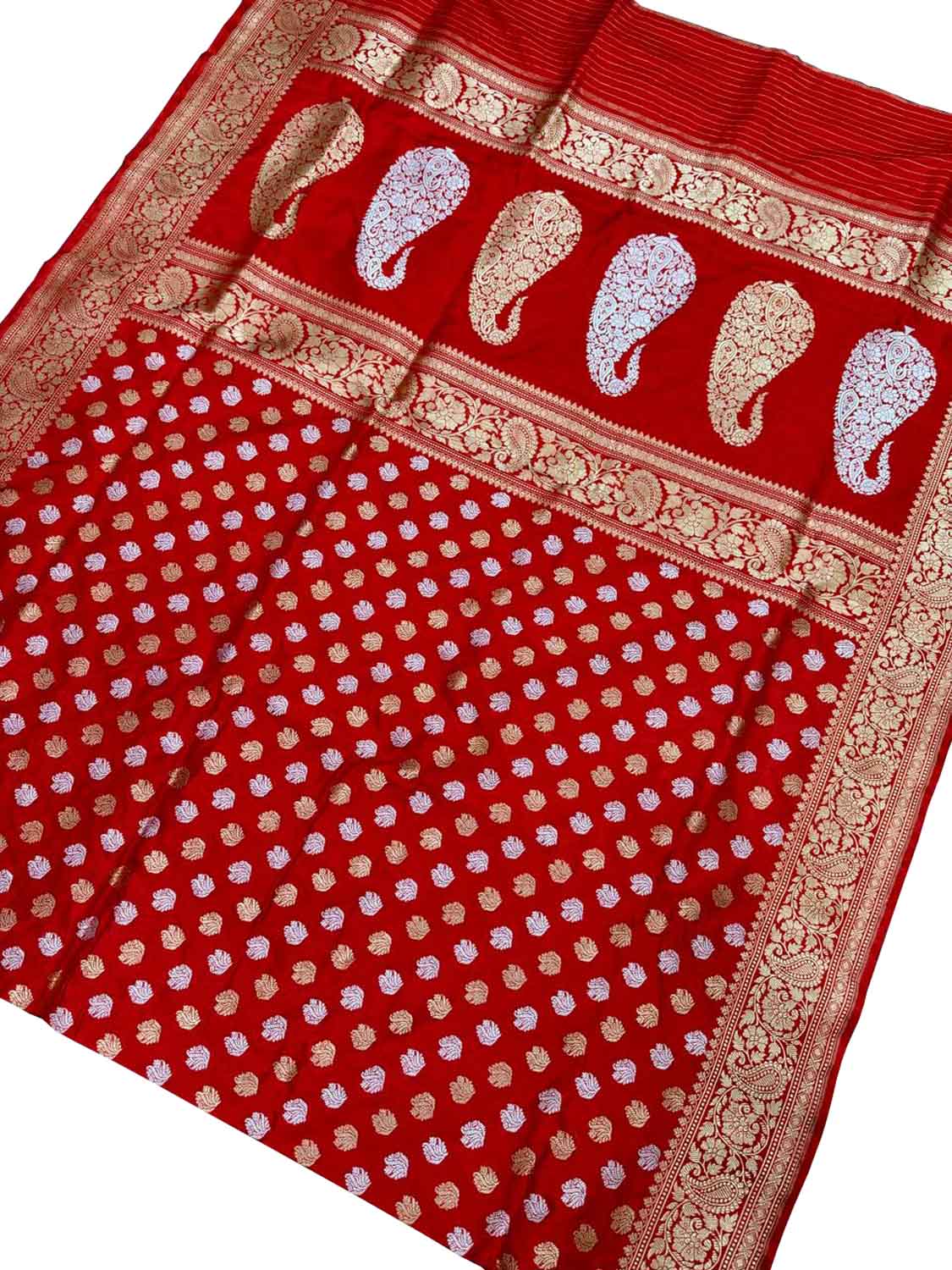 Exquisite Red Handloom Banarasi Silk Saree with Sona Roopa Booti - Luxurion World