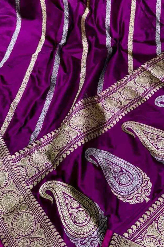 Elegant Purple Banarasi Silk Saree with Diagonal Design - Luxurion World