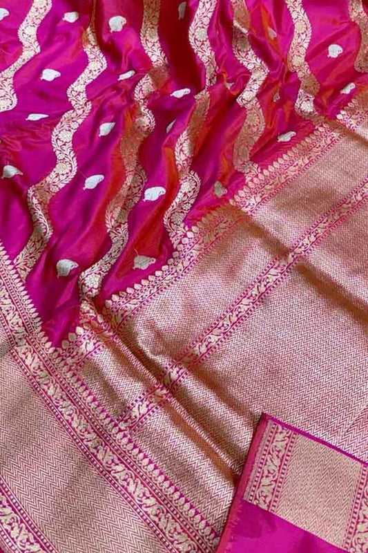 Elegant Pink Banarasi Silk Saree with Diagonal Design - Luxurion World