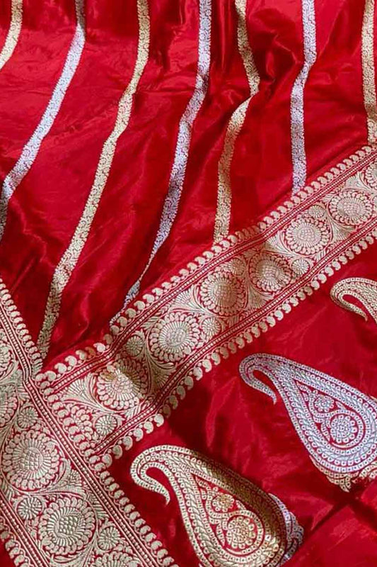 Exquisite Red Banarasi Silk Saree with Diagonal Design - Luxurion World
