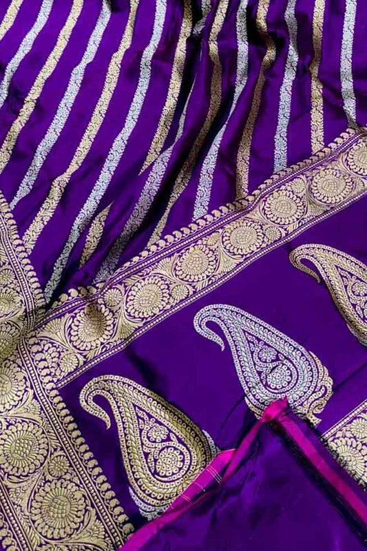 Elegant Purple Banarasi Silk Saree with Diagonal Design - Luxurion World