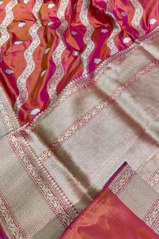 Stunning Pink & Orange Banarasi Silk Saree with Diagonal Design - Luxurion World