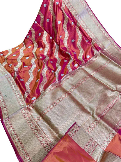 Stunning Pink & Orange Banarasi Silk Saree with Diagonal Design - Luxurion World