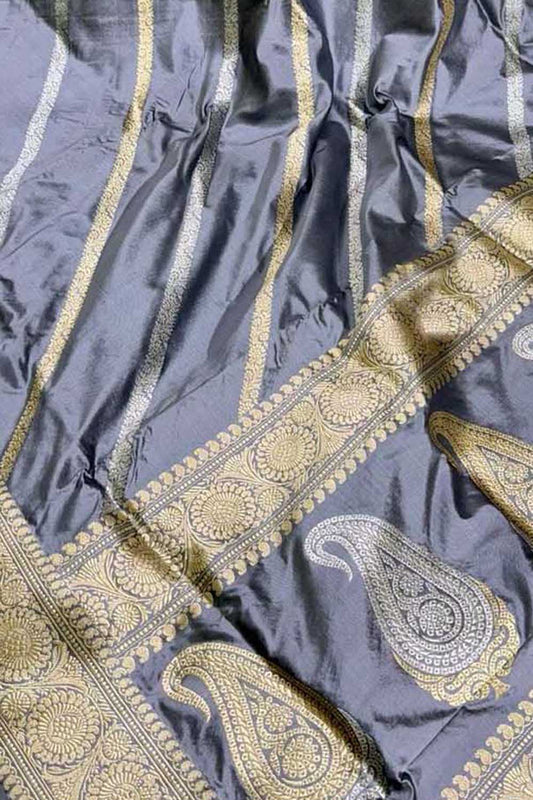 Elegant Grey Banarasi Katan Silk Saree with Diagonal Design - Luxurion World