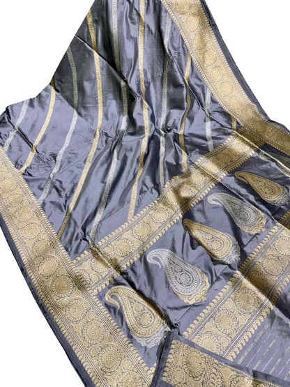 Elegant Grey Banarasi Katan Silk Saree with Diagonal Design - Luxurion World