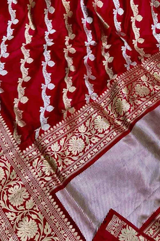 Luxurious Red Banarasi Silk Saree with Diagonal Design